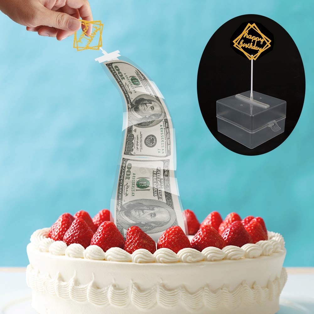 Money Pull Out Kit Birthday Box Happy Cake Topper 20 Transparent Bag Pockets gallery