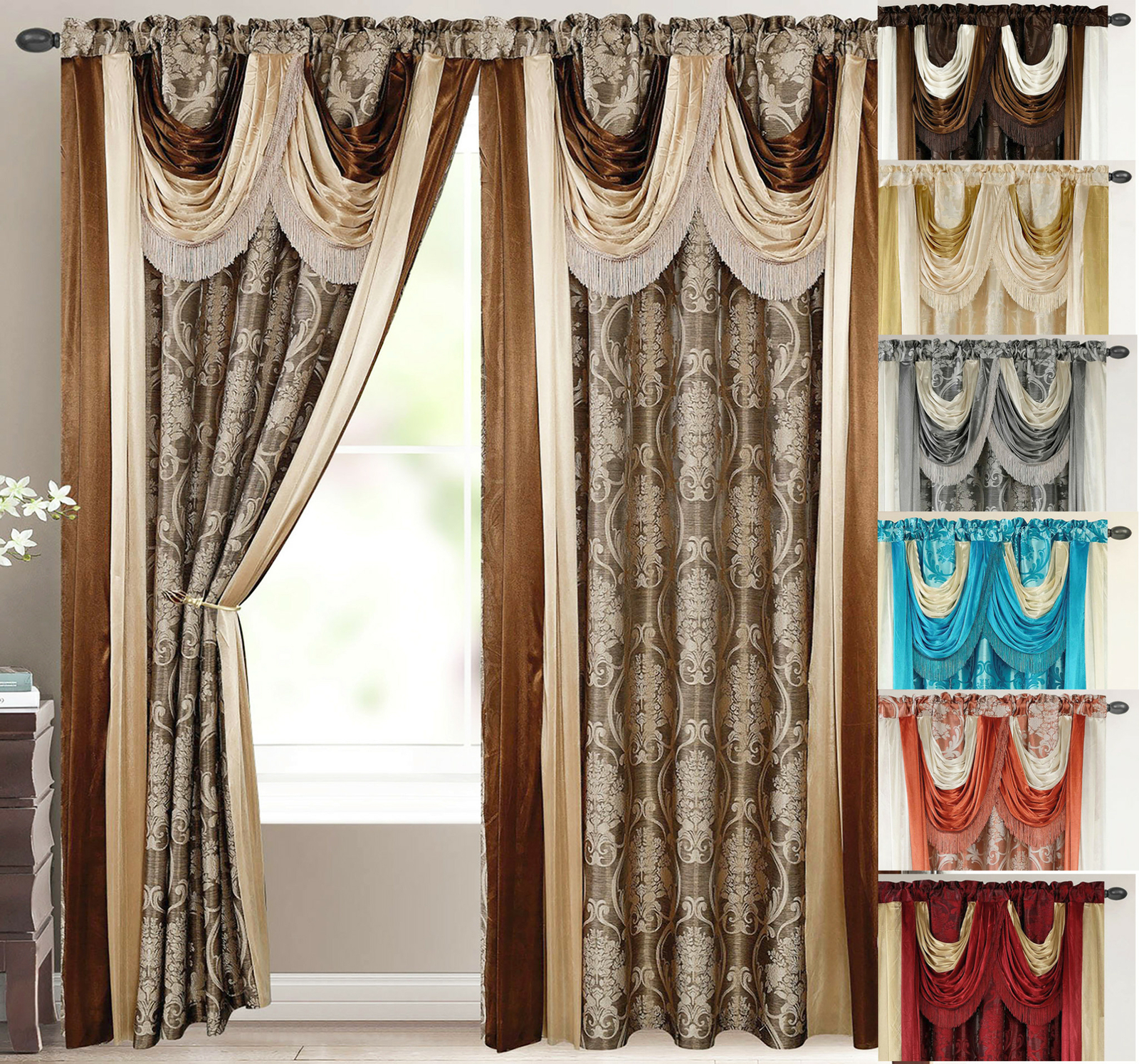 Bella Luxury Jacquard Curtain Panel with Attached Waterfall Valance & Scarf 54 w gallery