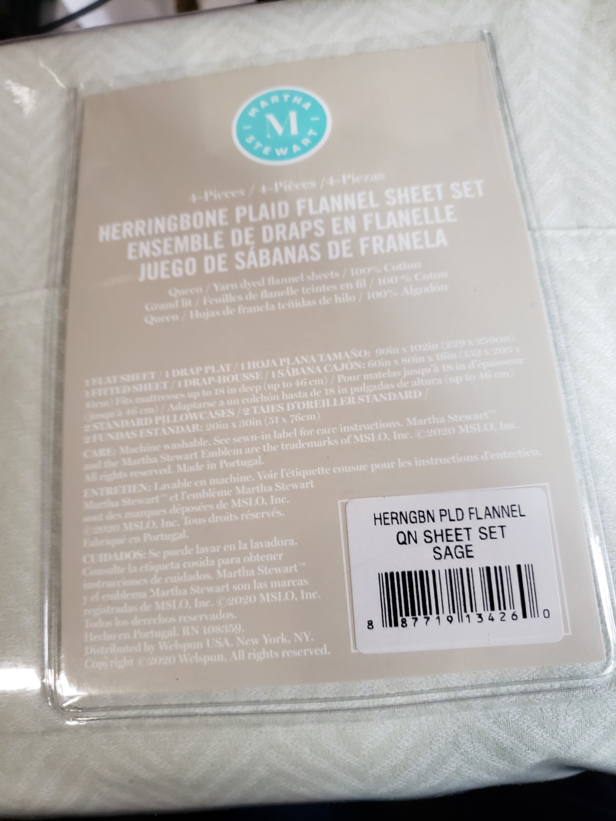 MARTHA STEWART QUEEN SIZE FLANNEL SHEET SET -DEEP POCKET-C0LOR SAGE HERINGBONE gallery