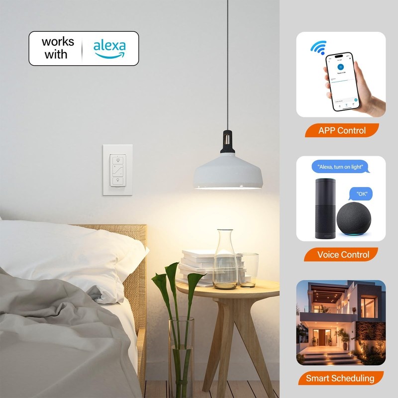 Smart Dimmer Light Switch, Single Pole, Alexa Compatible, No Hub Required, Wh... gallery