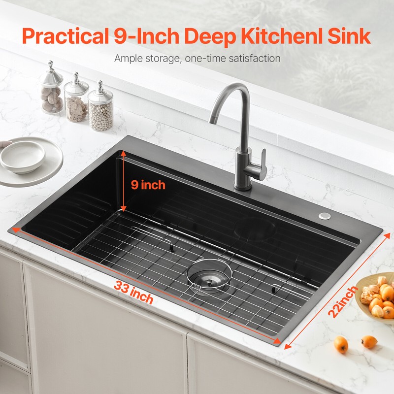 33" Drop In Kitchen Sink Top Mount Single Bowl Basin Stainless Steel Black gallery