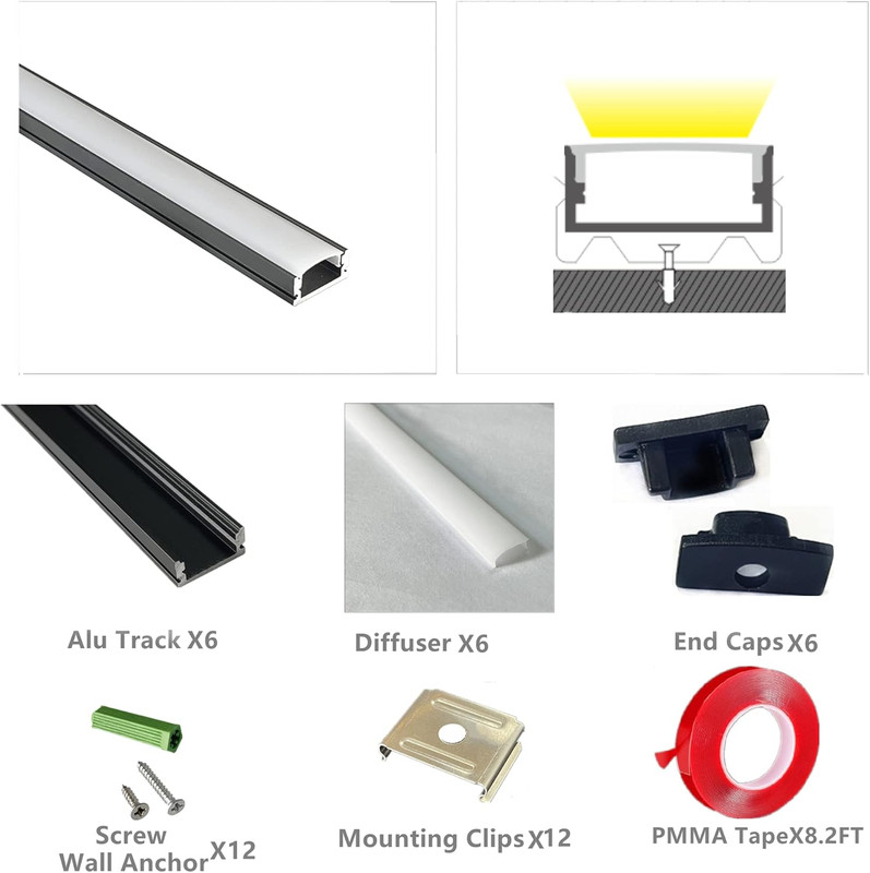 6-Pack 16-Inch U Shape Surface Mounted LED Strip Black Channel with anti UV Diff gallery