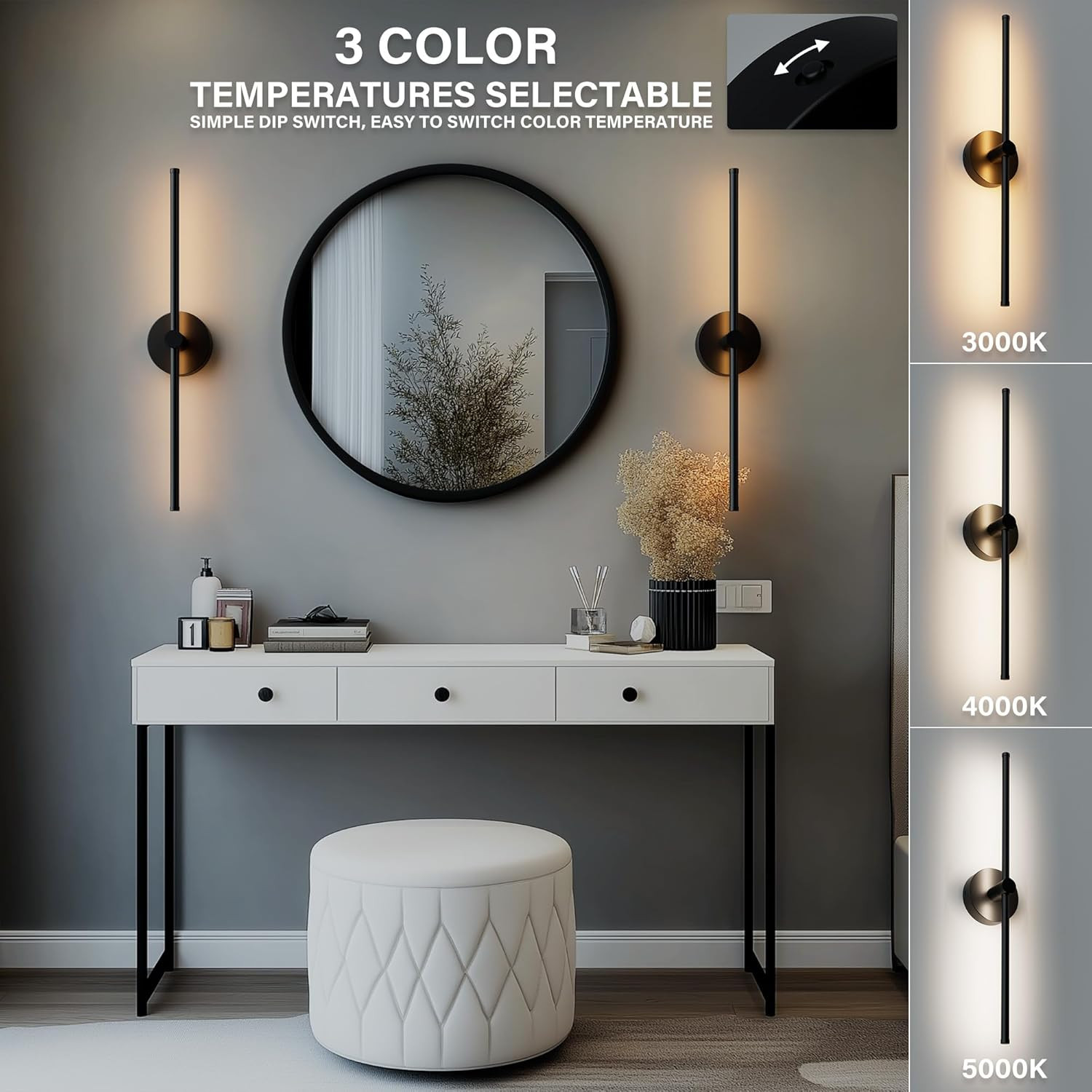 24" LED Wall Sconces Set of 2, Dimmable, Matte Black, 3CCT, ETL Certified gallery