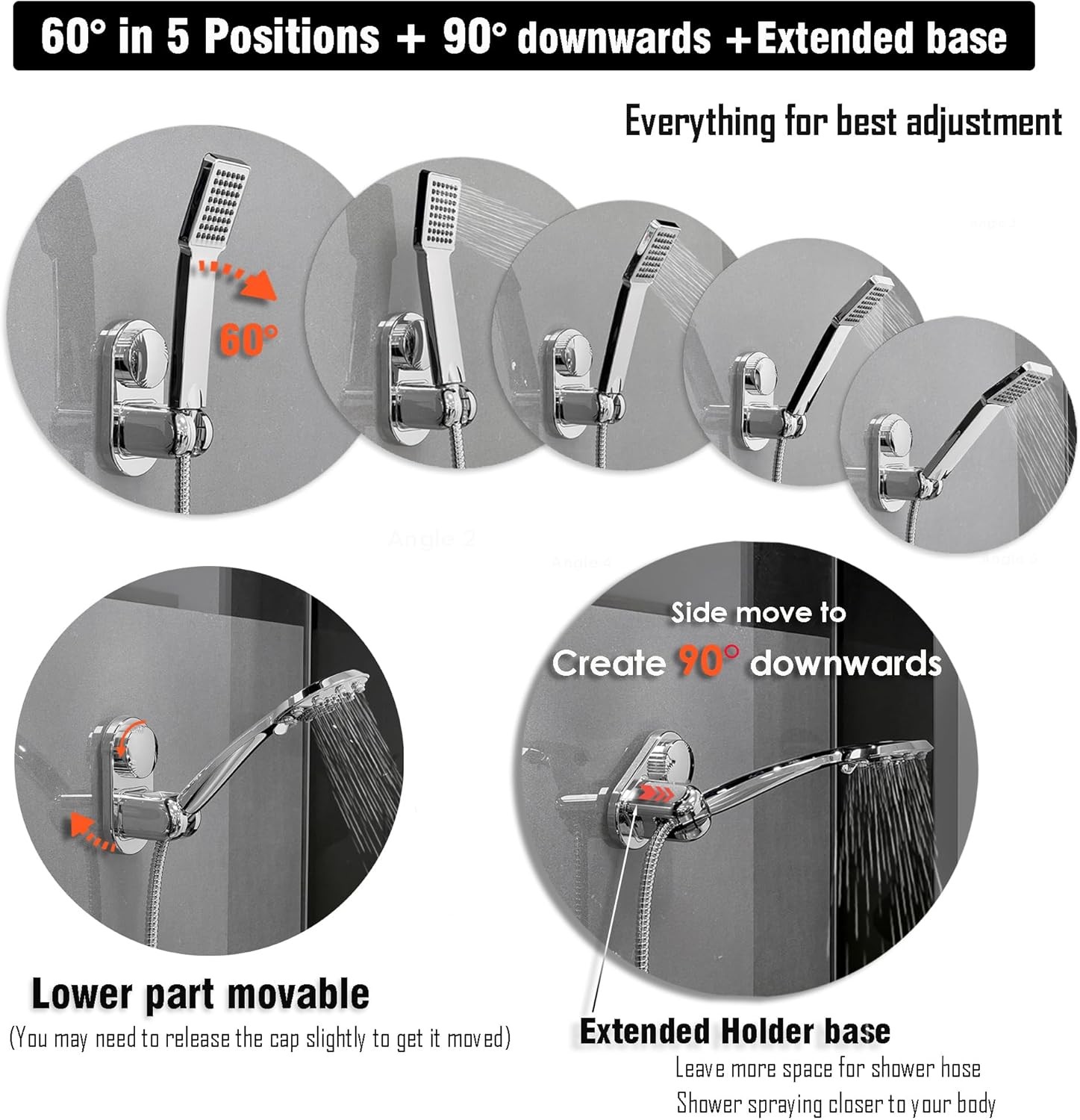 Handheld Shower Head Holder - 5 Positions Adjustable + 90° downwards - Adhesive gallery