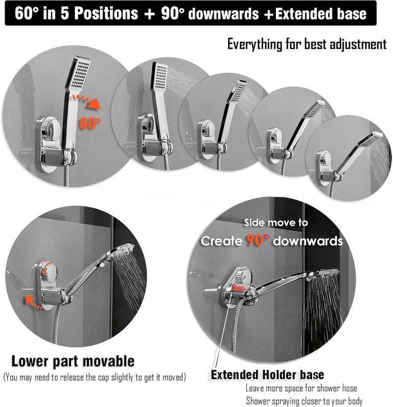 Handheld Shower Head Holder - 5 Positions Adjustable + 90° downwards - Adhesive gallery