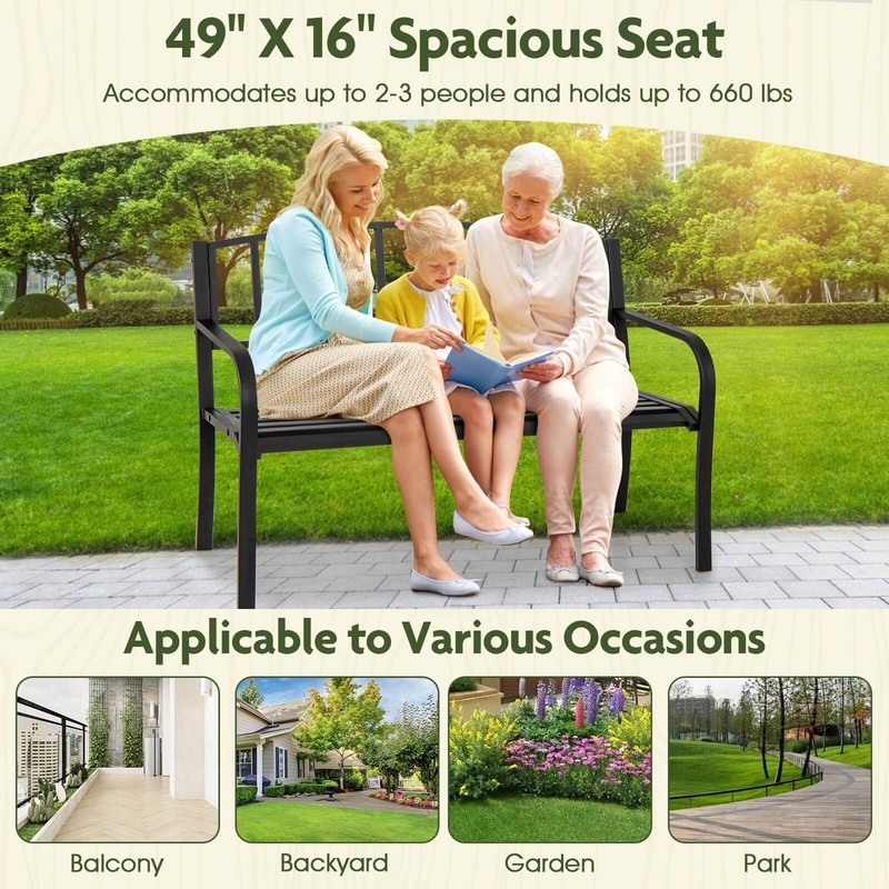 50 Inches Garden Bench with Slatted Backrest and Curved Armrests for Porch gallery