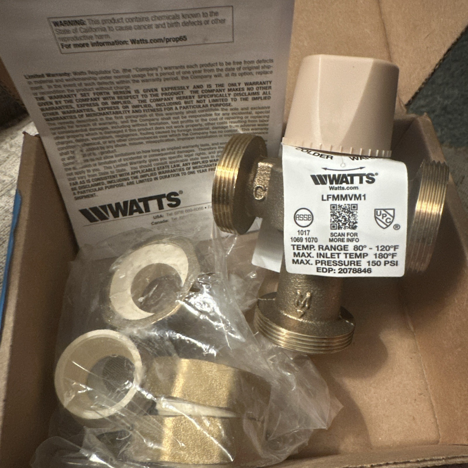 Watts 1 LFMMVM1-CPVC Thermostatic Mixing Valve Lead Free New In Box Fast Shippin gallery
