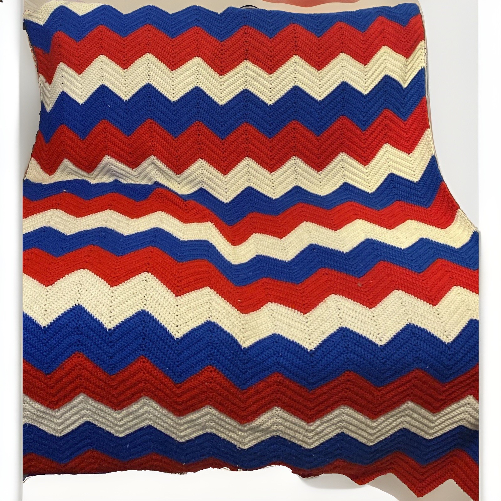 Hand Crocheted Blanket Afghan Throw Red White Blue 70x47 Vintage gallery