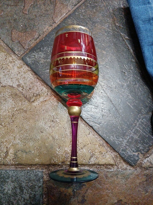 2-Pier 1 Festive Stripe Red Gold Purple Blue Bands Wine Glass gallery