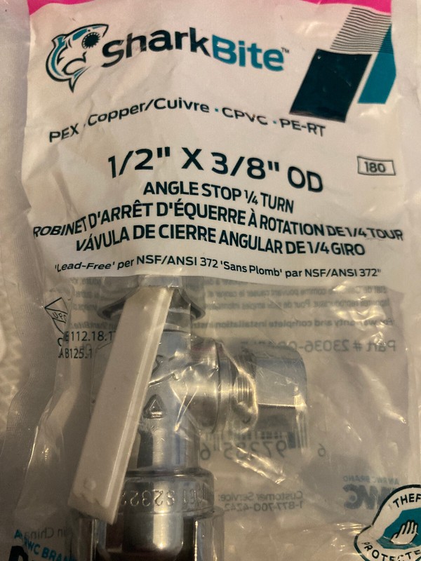 SharkBite 23036-0000LF Push-Fit Angle 1/4 Turn Stop Valve 1/2 X 3/8 In OD NEW ^^ gallery