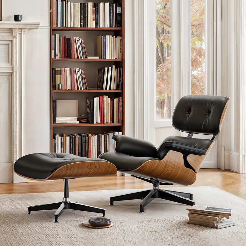 Vintage Eames Style Lounge Chair And Ottoman Leather Armchair Recliner Walnut gallery