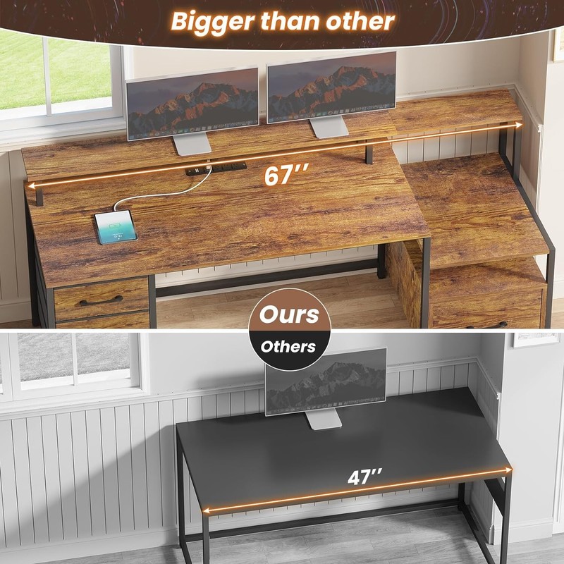 66'' Computer Desk with Led Lights&Monitor Shelf, Home Office Desk w/File Drawer gallery
