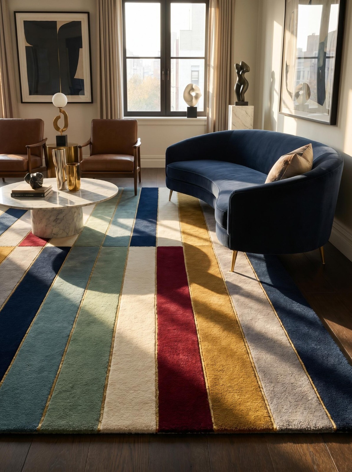 Handmade Modern Geometric Striped Area Rug | Color Block Tufted Wool Rug gallery