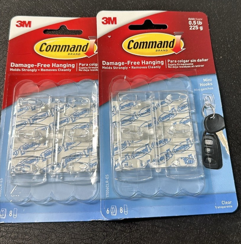 3M Command Damage Free Hanging Mini Hooks Clear 17006CLR- 6 Count X 2 Pack
