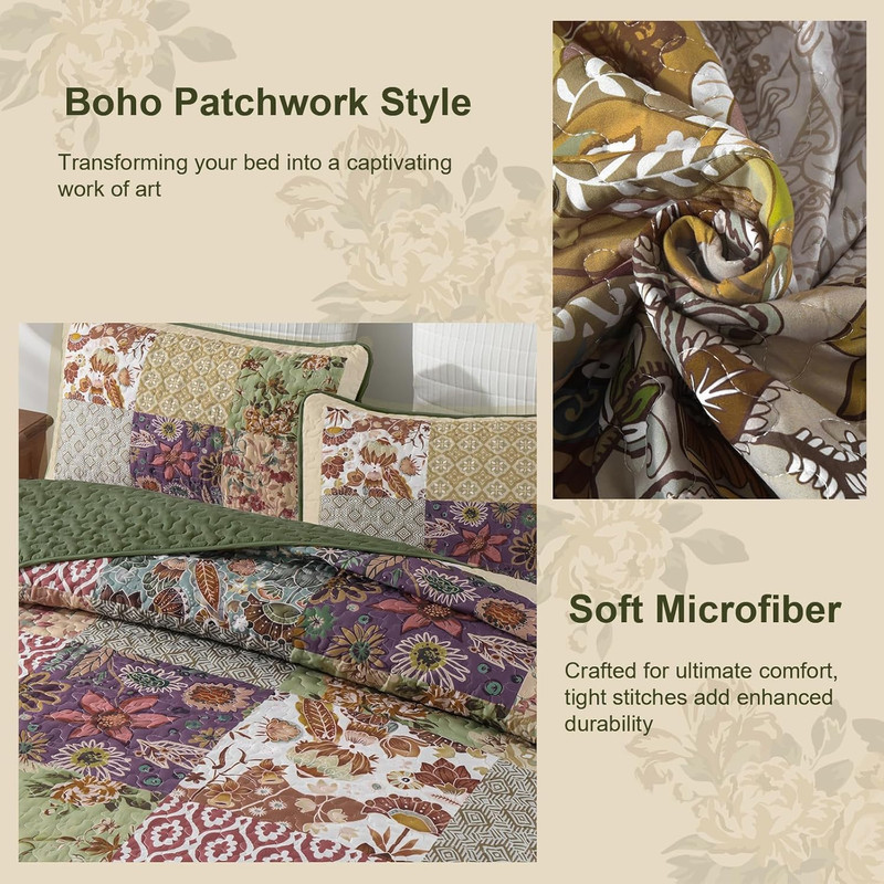 Patchwork Quilt Set King Size, Bohemian Floral Bedspread Green & Beige Coverlet gallery