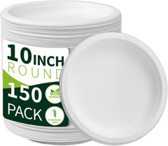 10 Inch Compostable Paper Plates【White 150 Pack】, 100% Sugarcane Bagasse Large D