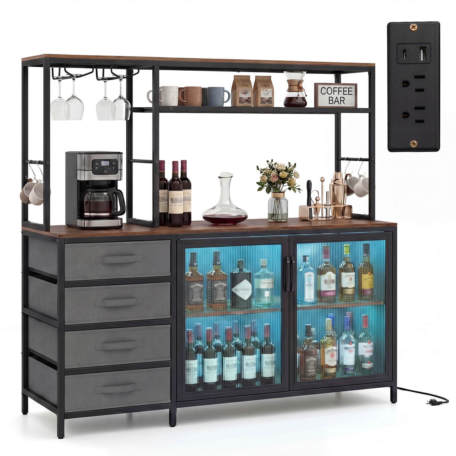 Sideboard Buffet Cabinet w/ LED Lights, 55" Coffee Table w/ Power Outlets gallery
