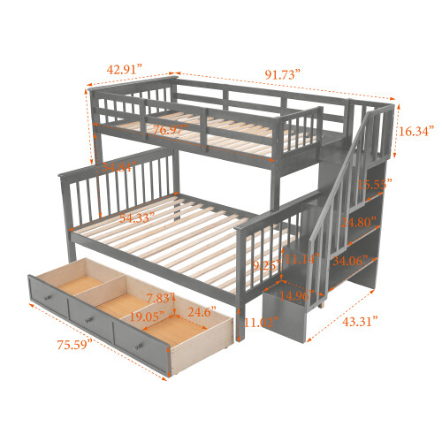 Twin Over Full Bunk Beds with Storage Drawers & Stairs Wood Platform Bed Frames gallery