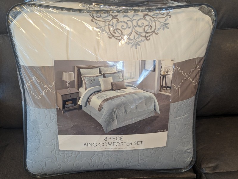 8 Pc King Comforter Set "Fenimore" Fleur-De-Lis Gray Blue Beige Cream gallery
