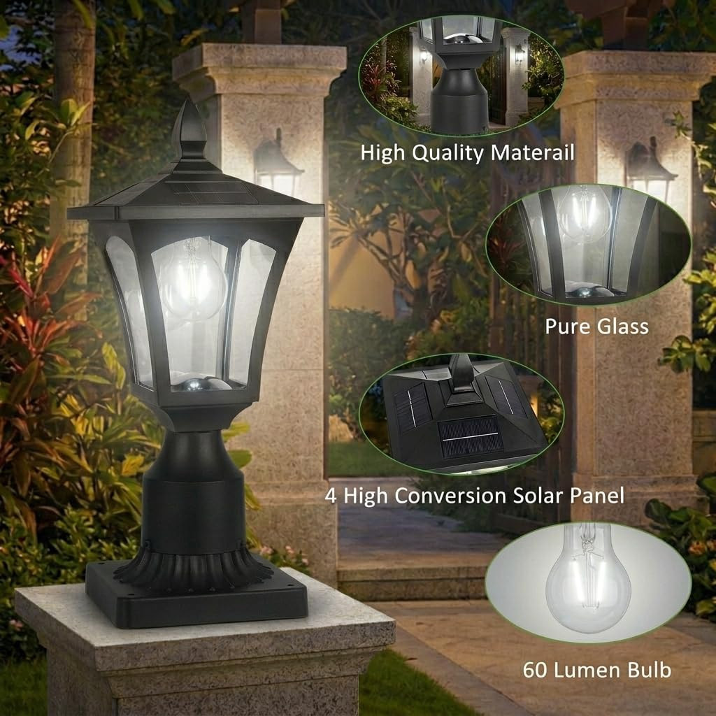 Outdoor Solar Lamp Post Light with Glass Shade & Pier Mount Base, IP45 Waterproo gallery