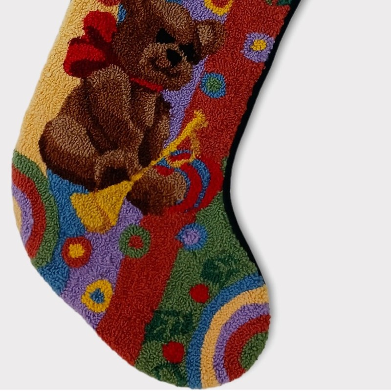 Wool Punch Needle Christmas Stocking Teddy Bear-Horn-Baby Vintage gallery