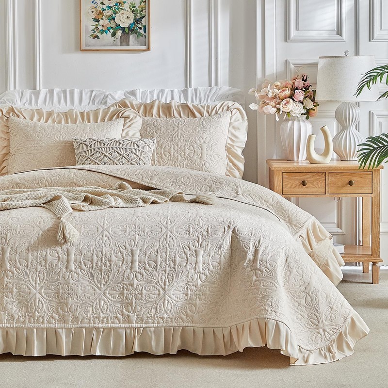 Ruffles Quilt Set Queen Size 96 * 96in - 3 Pieces Solid Shabby Chic Farmhouse... gallery