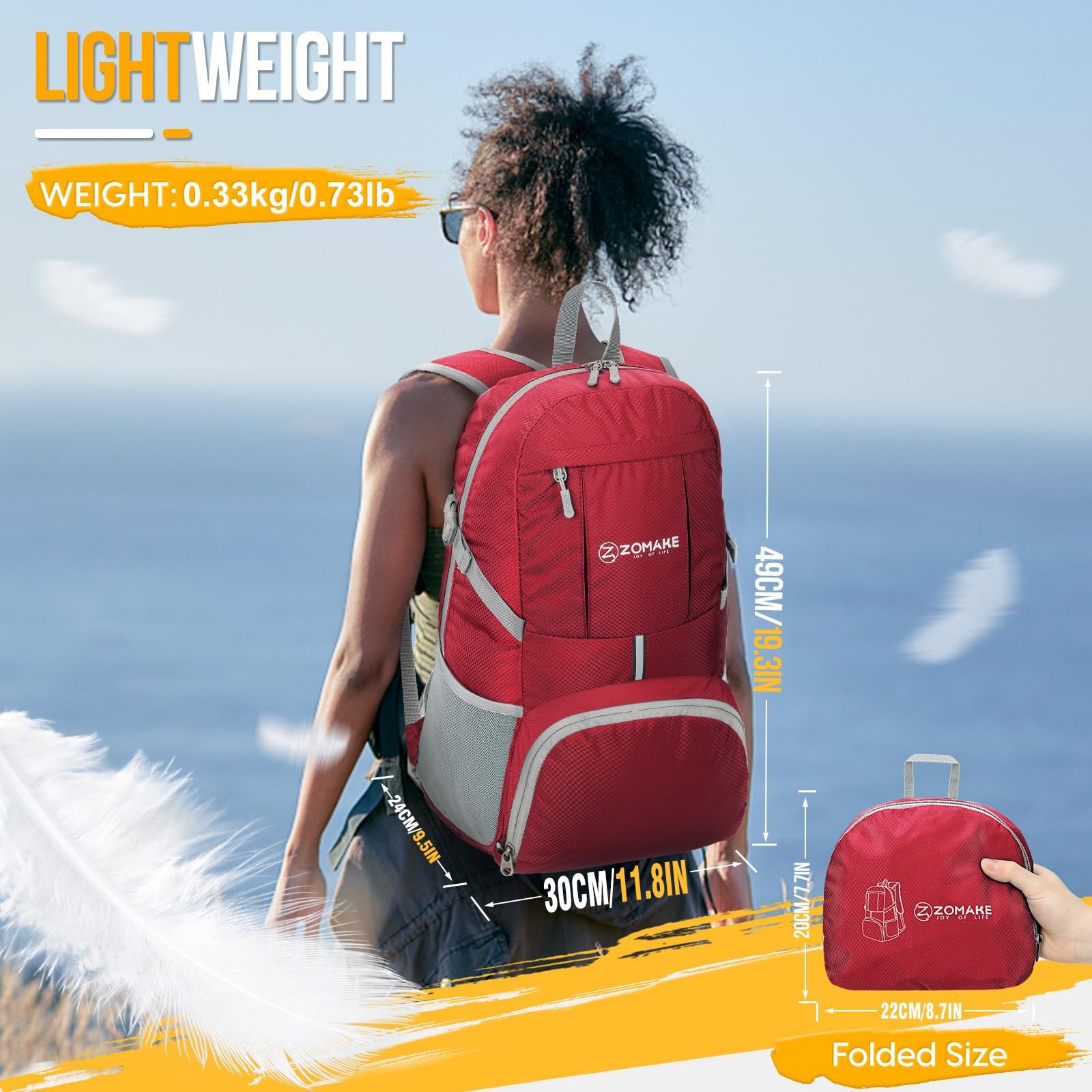 Lightweight Packable Backpack 35L Foldable Water Resistant Hiking Bag Red 2