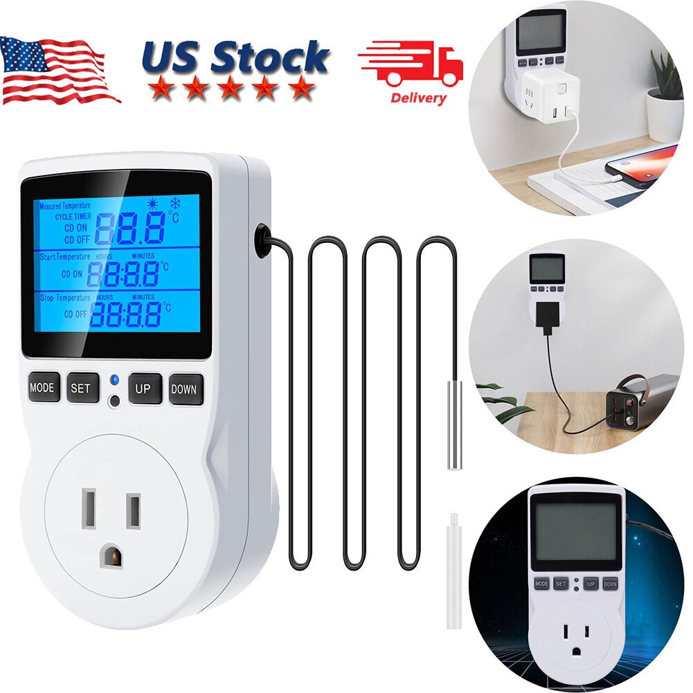 Digital Thermostat Outlet Plug Temperature Controller Heating Cooling with Probe gallery