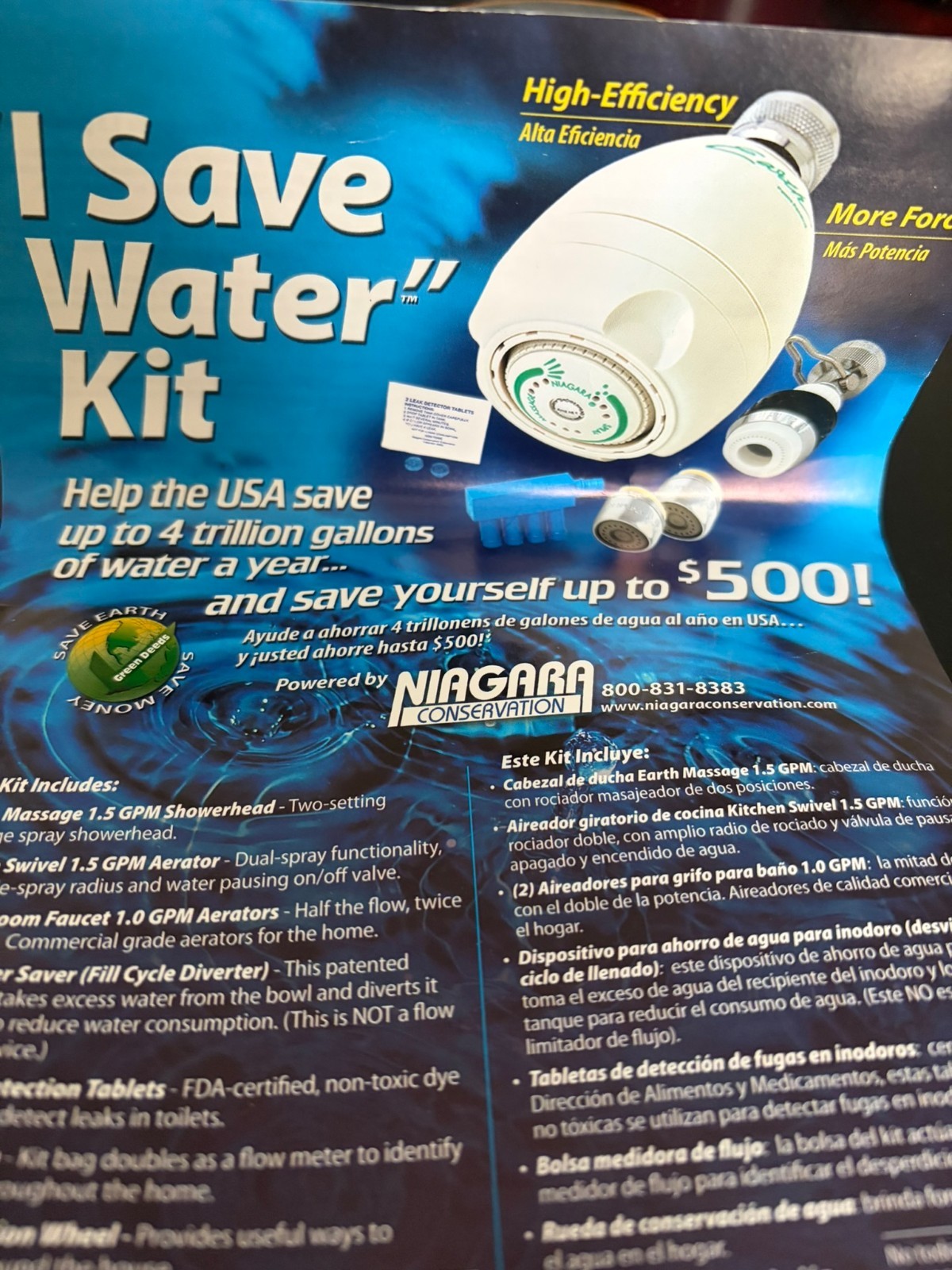 NIAGARA CONSERVATION “I SAVE WATER KIT” High Efficiency New oldstock gallery