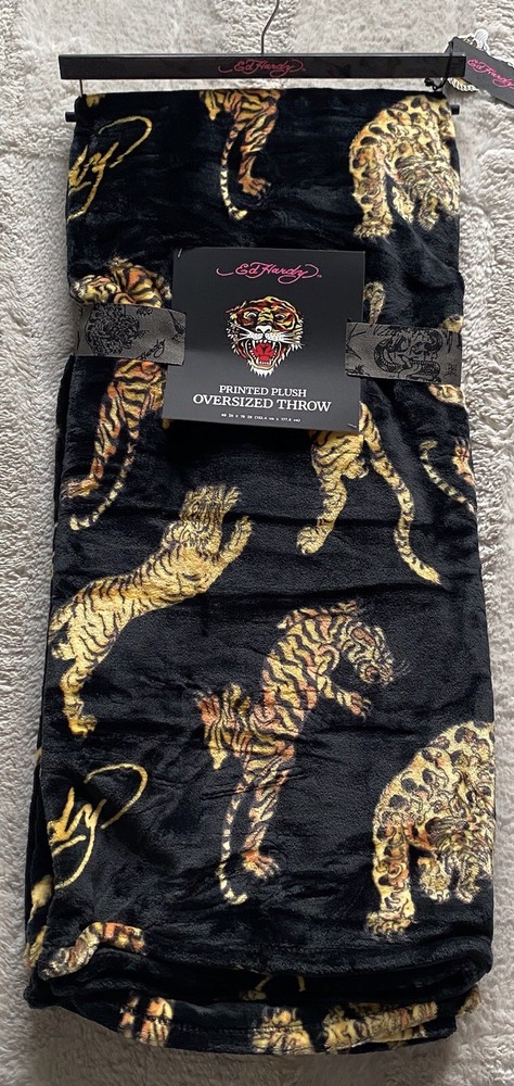 Ed Hardy Logo Plush Oversized Throw Blanket Tigers Tiger Jumping Black NEW