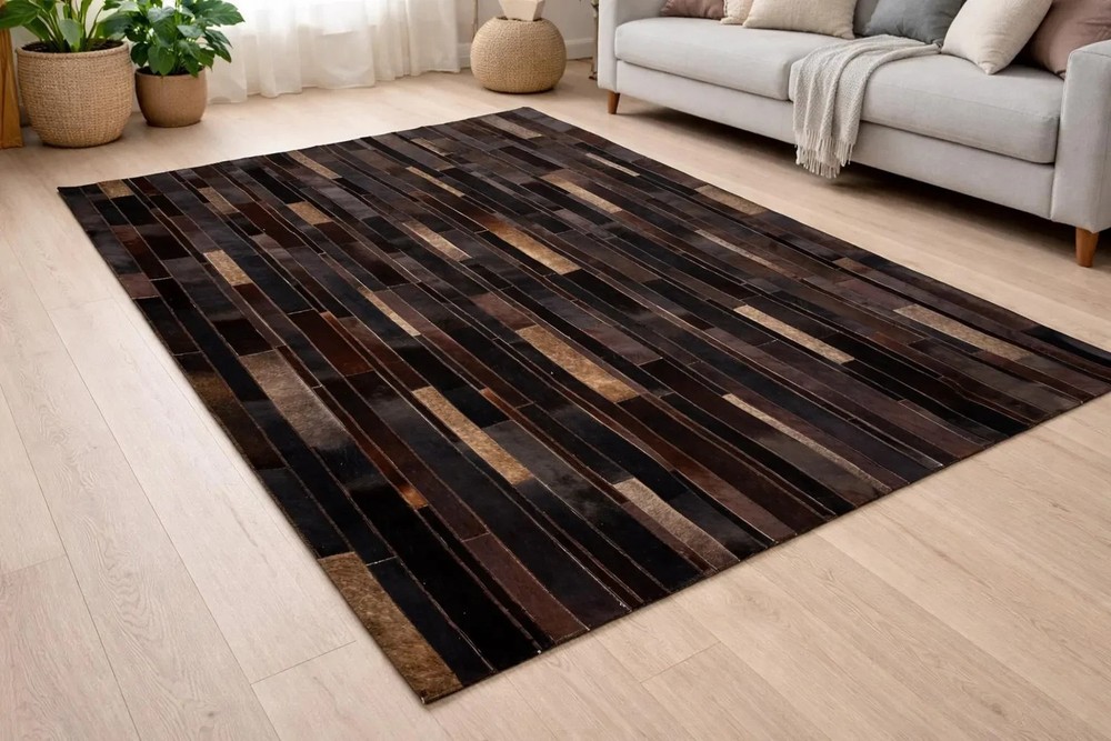 Modern Handmade Patchwork Leather Area Rug Dark Brown Striped Carpet Living Room