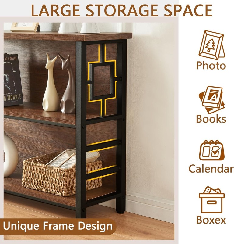 3 Tier Bookshelf Rustic Brown Engineered Wood Metal Storage Bookcase Low gallery