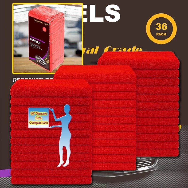 Microfiber Cleaning Cloths 36-Pack 16x16 inch Wash Towels 3 Dozen Car Rags Red gallery