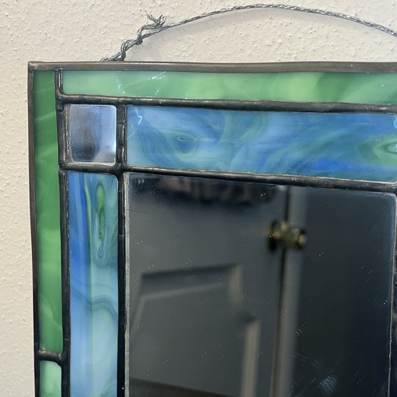 Vtg Stained Glass Mirror Rectangular Wall Hanging Handmade Decor 7x9 Blue/Green gallery