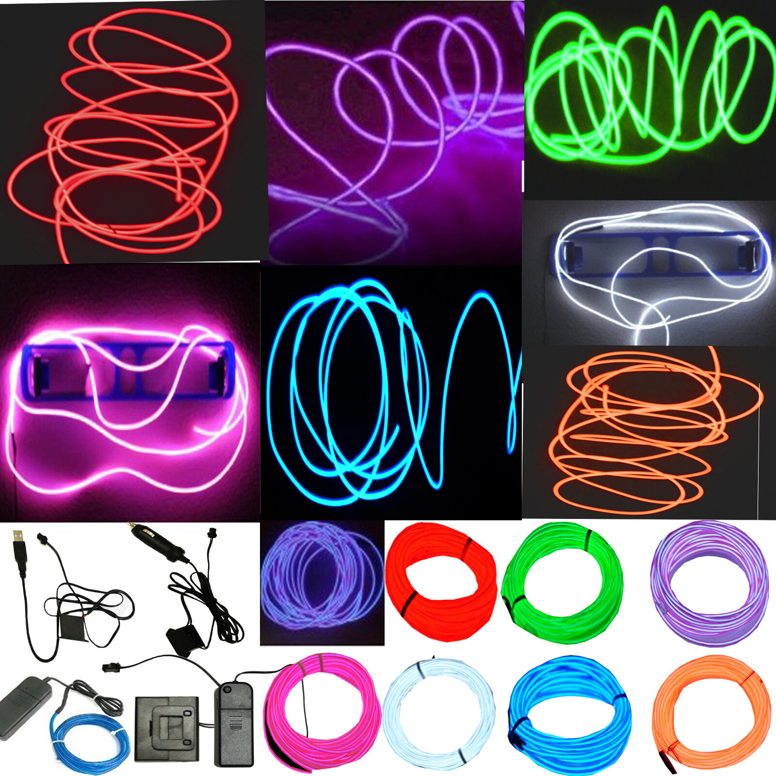 Neon LED Light Glow EL Wire String Strip Rope Tube Decor Car Party + Controller gallery