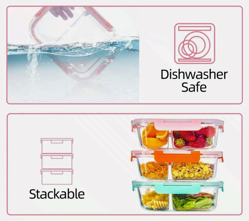 Glass Meal Prep Containers 2 Compartment with Lids (5 Pack 34oz) Divided Storage gallery