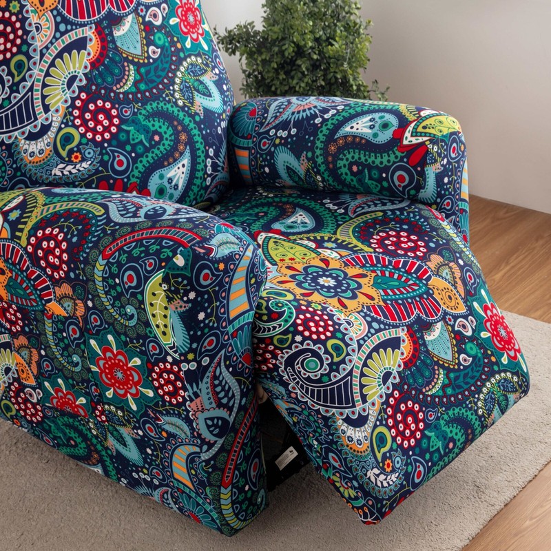 Printed stretch recliner cover, side pockets, home decor protection, stylish gallery