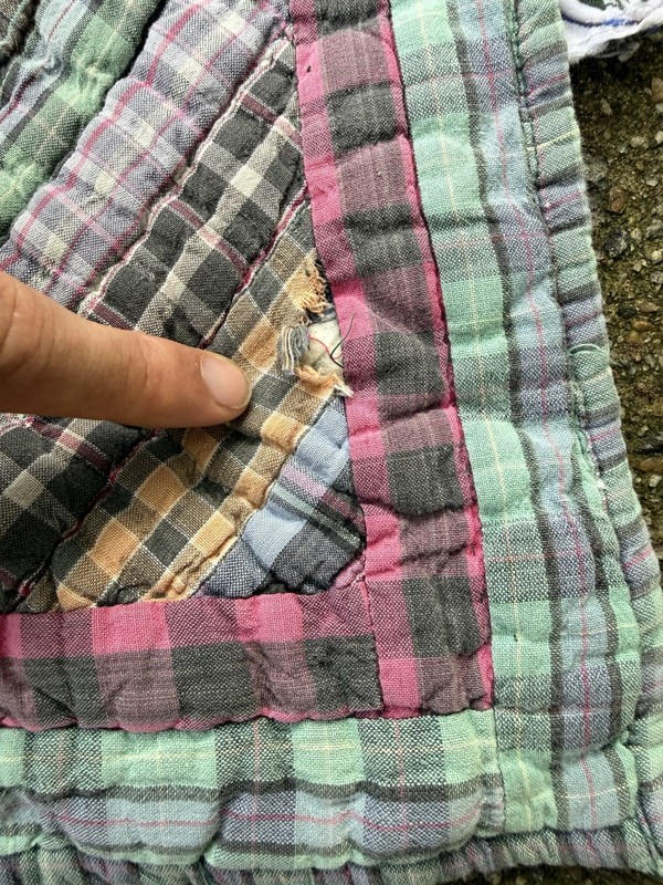 VINTAGE IMPRESSIONS PATCHWORK MADRAS PLAID GREEN BLUE FULL QUILT 80x89 Hand Sewn gallery