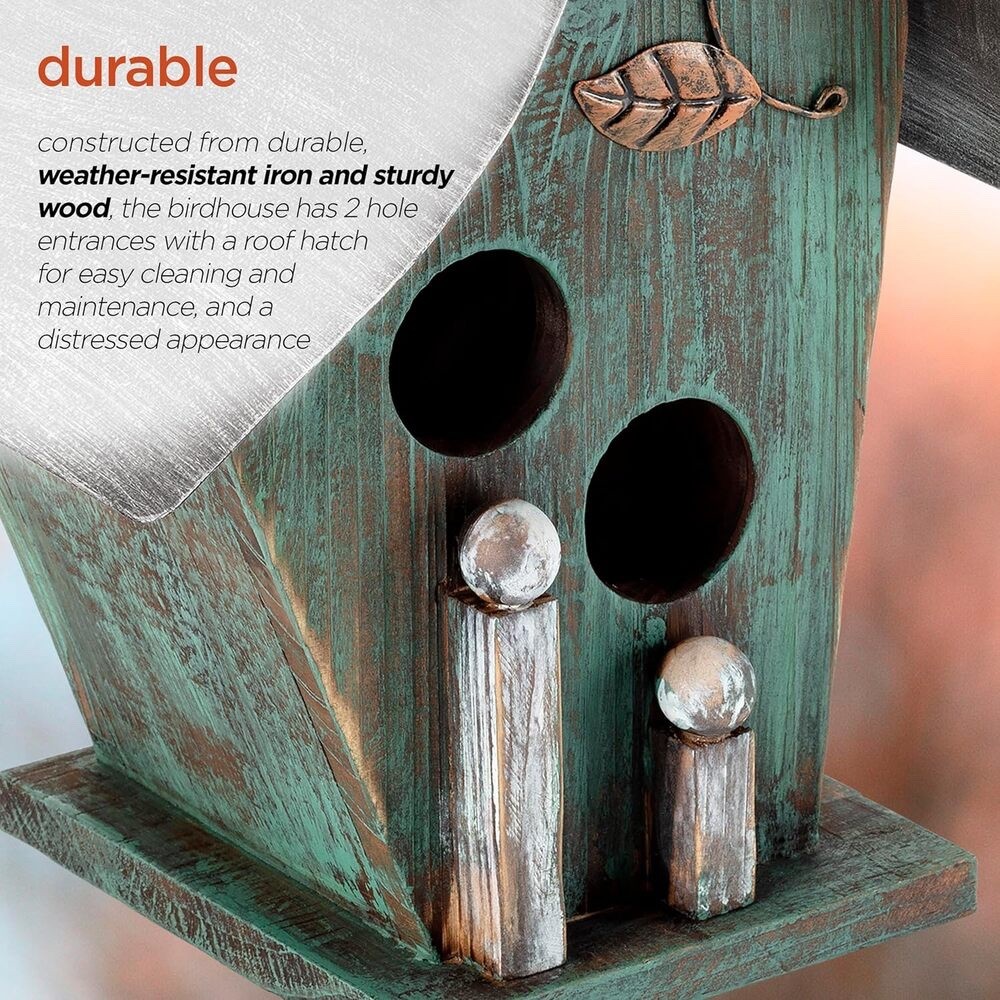 Birdhouse 12" Turquoise Hanging with hinged metal roof gallery