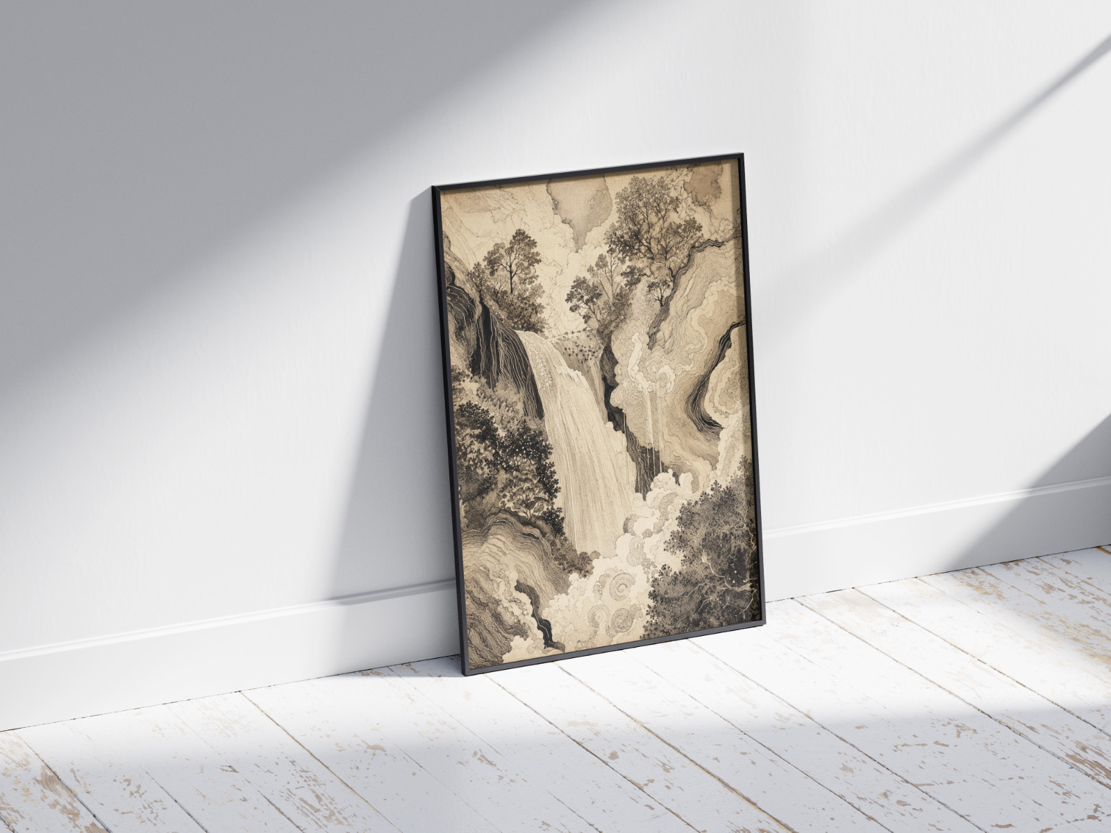 Waterfall Mountain Poster Canvas - Asian Vintage Ink Drawing Wall Art Zen Decor gallery