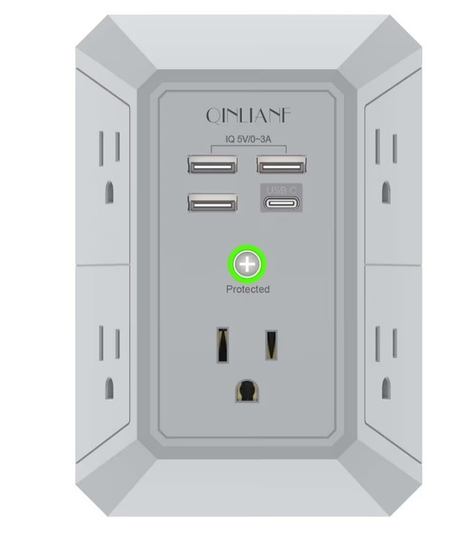 QINLIANF 5 Outlet Surge Protector, USB & USB-C Ports, 1680J, Fireproof, White gallery