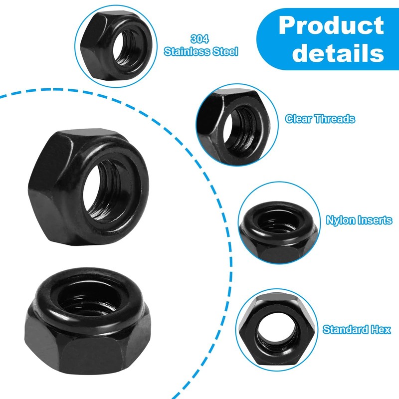 Yinpecly 50Pcs 1/4"-20 Nylon Insert Hex Lock Nuts 304 1/4"-20; 50pcs, Black gallery