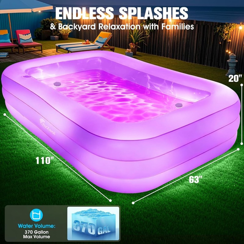 Inflatable Pool with Lights, 110x63x20in Adults Large, Cyan, Durable PVC gallery
