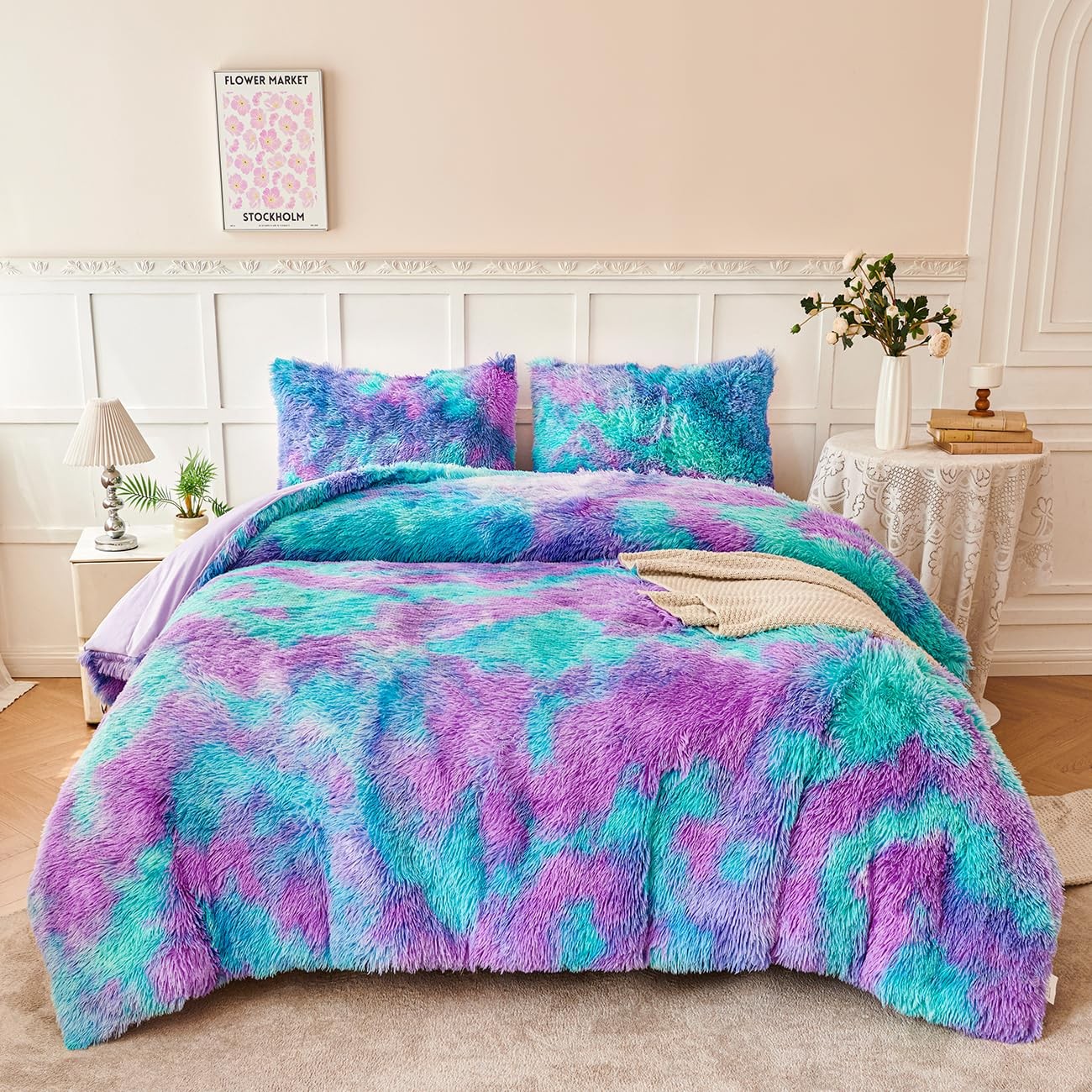 Fuzzy Girls Queen Size Bedding Set 3 Pieces Luxury Purple and Teal Faux Fur F... gallery