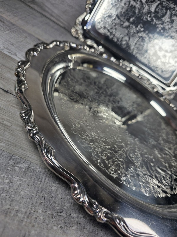Vtg Oneida Wilton Silverplate Serving Tray Set Round & Rectangular Ornate bin4 gallery