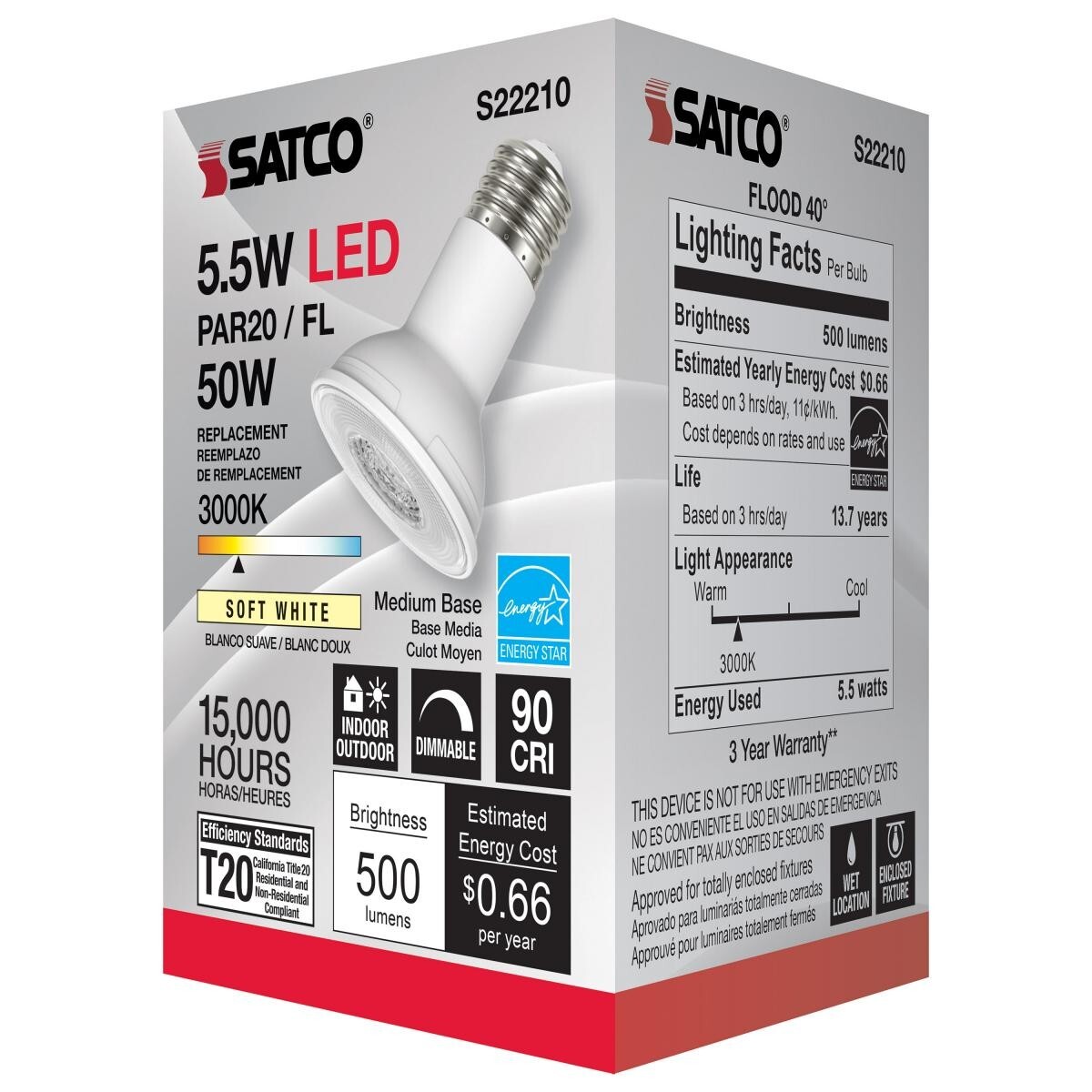 SATCO S22210 - 5.5 Watt PAR20 LED Bulbs - 3000K - 120 Volts (6 Pack) gallery