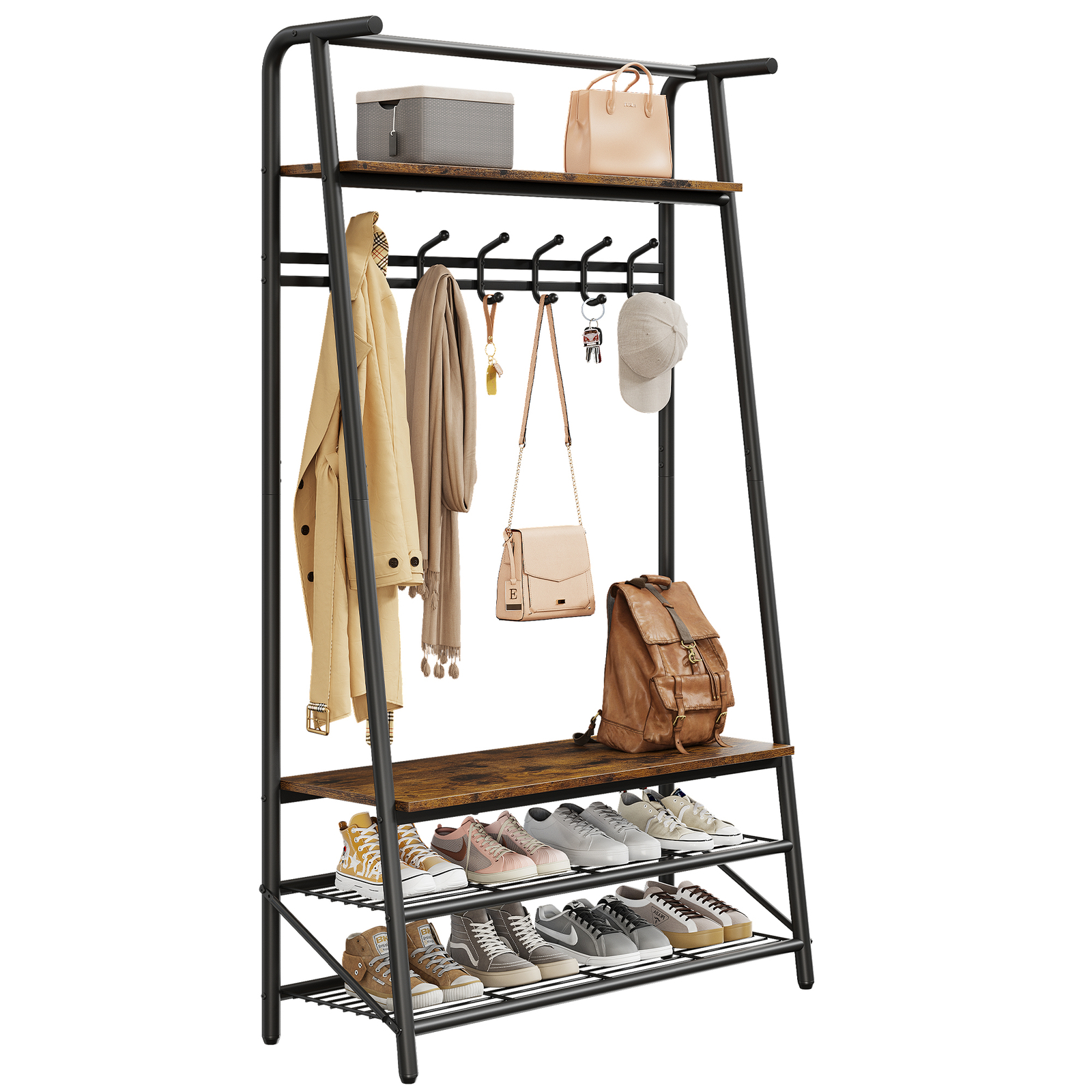 4-in-1 Coat Rack Hall Tree Shoe Storage Bench 6 Hooks 39''L for Hallway Entryway gallery