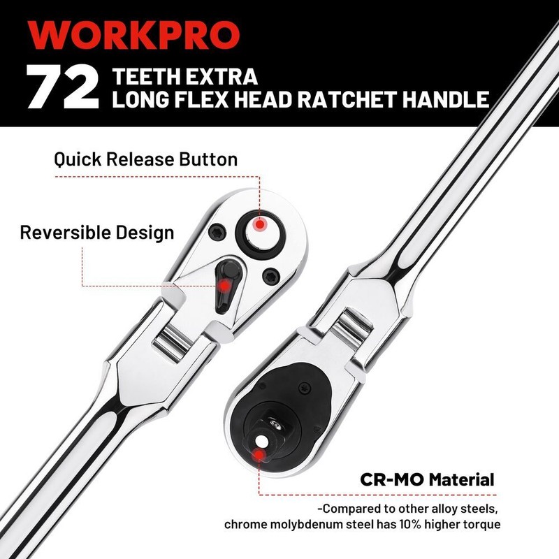 WORKPRO 1/4 inch Drive Extra Long Flex Head Ratchet 12 Inch Long CR-V Steel New gallery