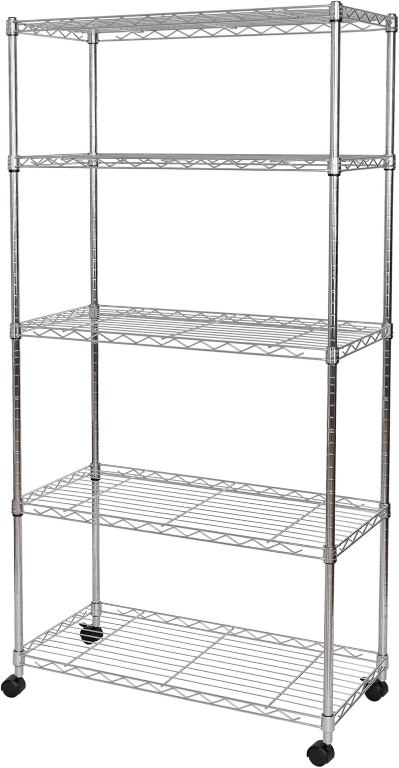 5-Tier Rolling Wire Shelving Unit, 30"W x 14"D, Chrome Plated Steel gallery