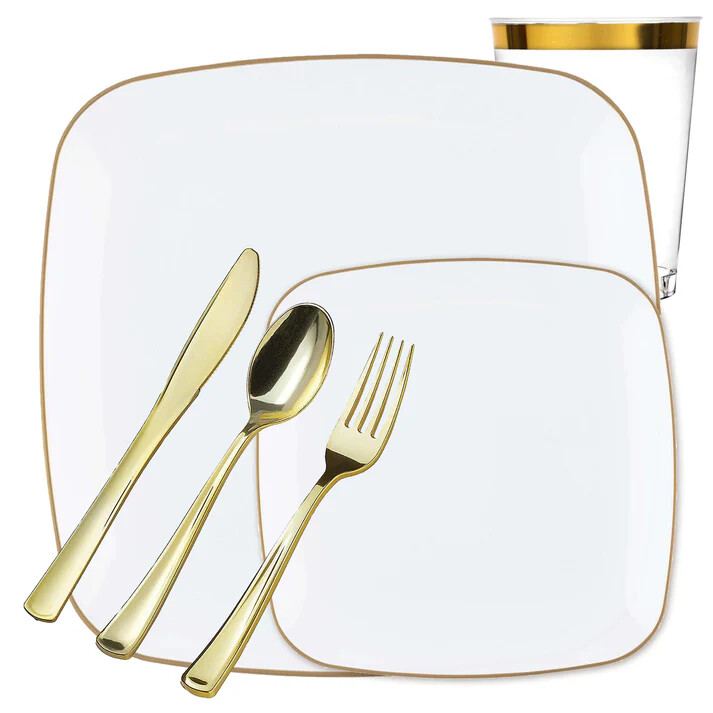 White &Gold Plastic Square Dinner Tableware Set Wedding Party Dinner Package gallery